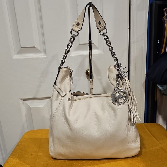 Michael Kors Megan Fulton Large Hobo Crossbody Vanilla Silver Tone Hardware EUC - Picture 1 of 14